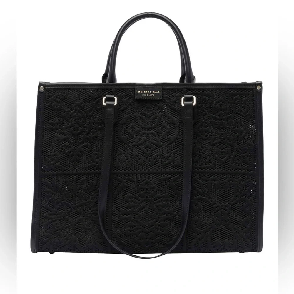 Viola Castellani Crochet Tote & Fabric Crossbody Bag Genuine Leather Black